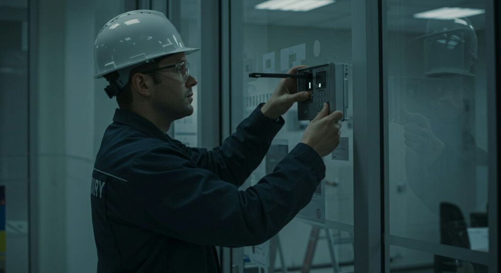 Inspector in hard hat examining a building system